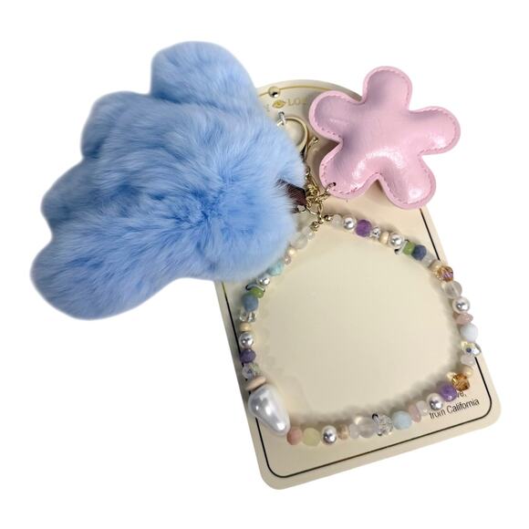 Eyecandy Fluffy Bunny Bag Charm Flower Beaded Bracelet Key Clip Blue Faux Fur - Picture 4 of 8